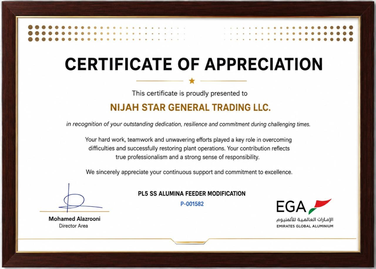 EGA Certificate of Appreciation — PL5 SS Alumina Feeder Modification
